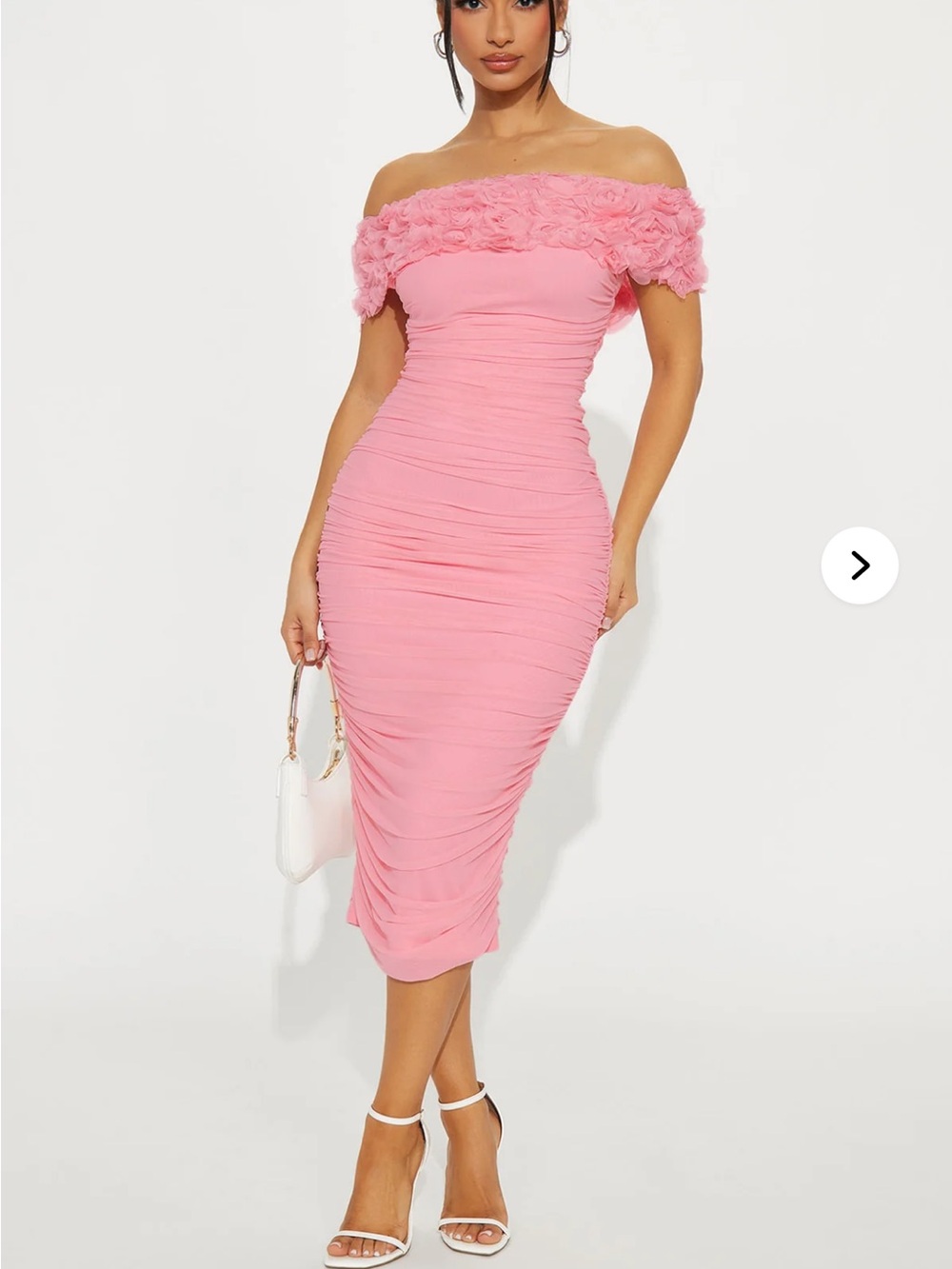 Fashion Nova Pink Off-Shoulder Ruffle Ruched Midi Dress